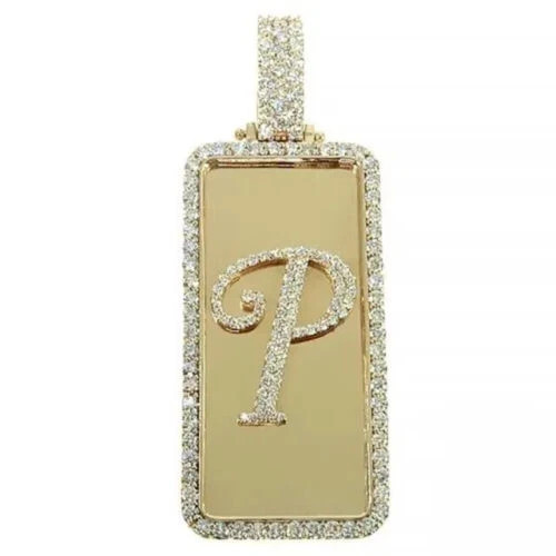 14k Yellow Gold Plated 3Ct Round Cut Moissanite Dogtag Initial P Letter Pendant