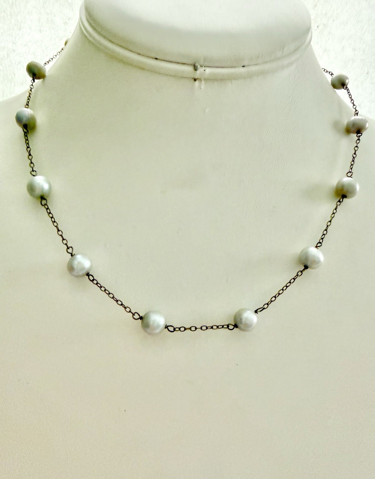 Vintage 925 Sterling & Genuine Pale Blue/Grey Pearls Stations 16” Necklace 7.83g