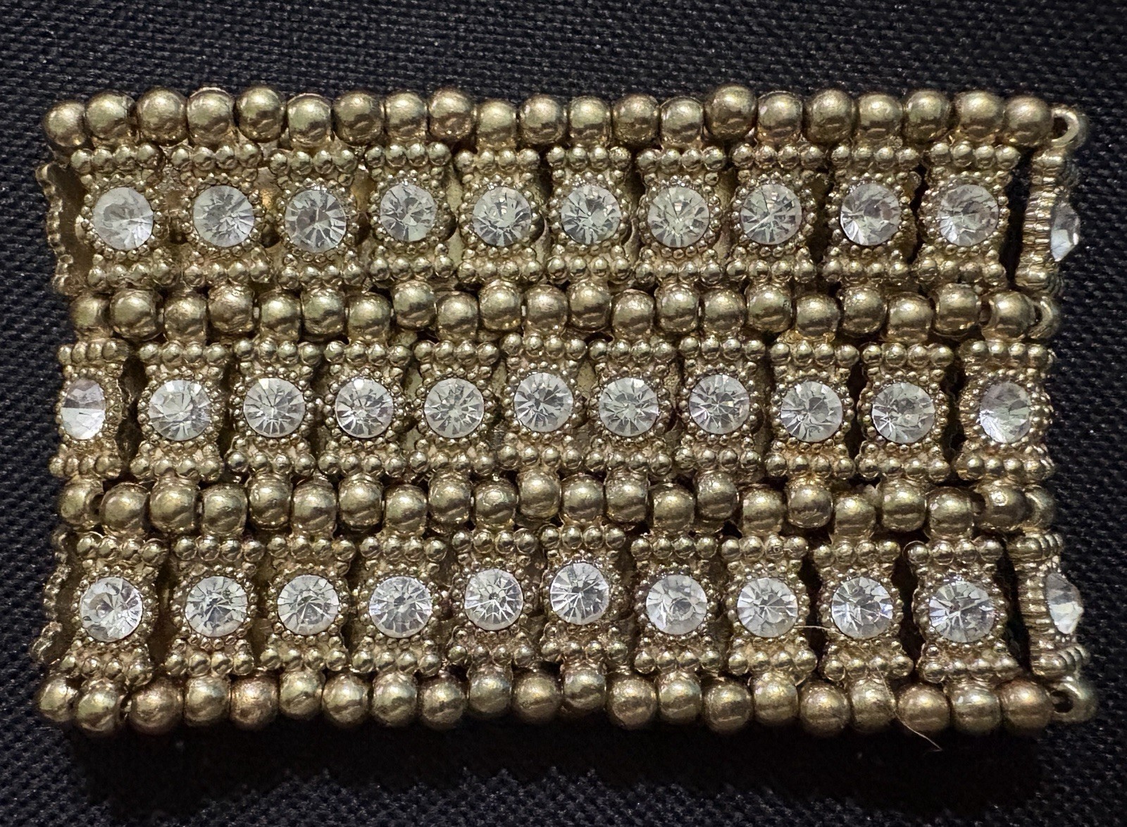 Gold Tone Beaded Cuff Stretch Bracelet Clear Round Simulated Crystal Bezel Snap