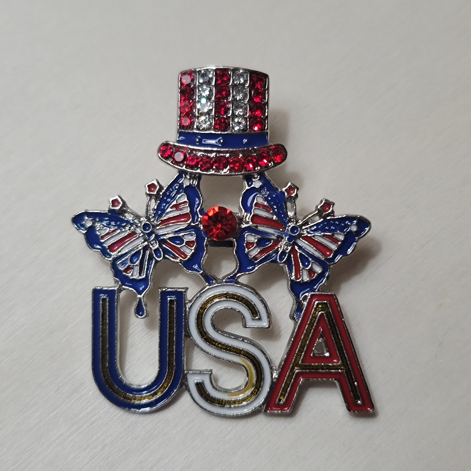 Set of 2 Brooch/pins, USA, Patriotic, Butterfly, Red White Blue, Silvertone