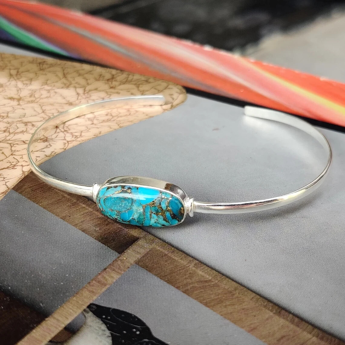 Blue Copper Turquoise Gemstone 925 Sterling Silver Handmade Bracelet Cuff CT-33