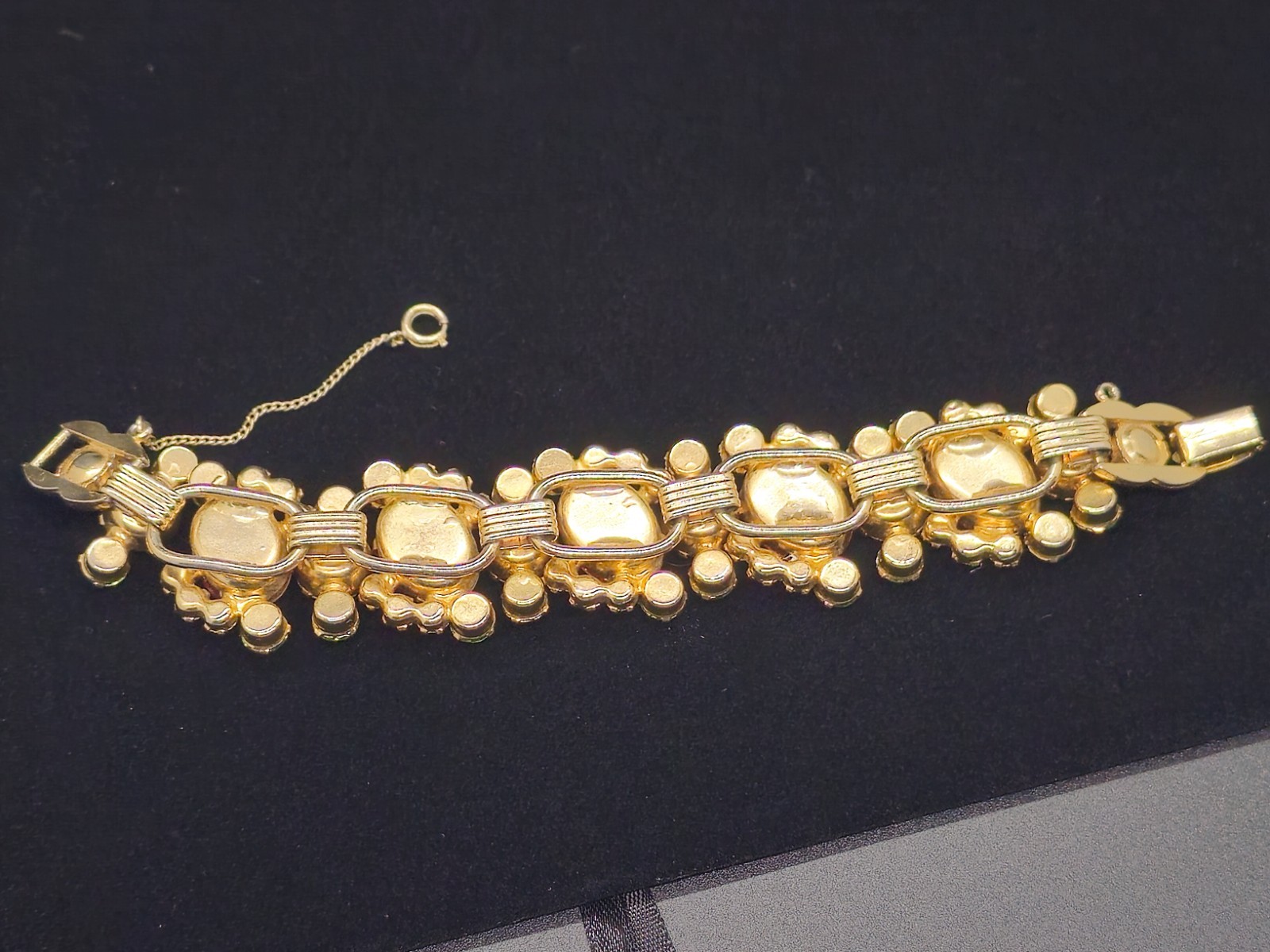 Vtg JULIANA D&E Foiled Dichroic Glass Green Rhinestone Bracelet