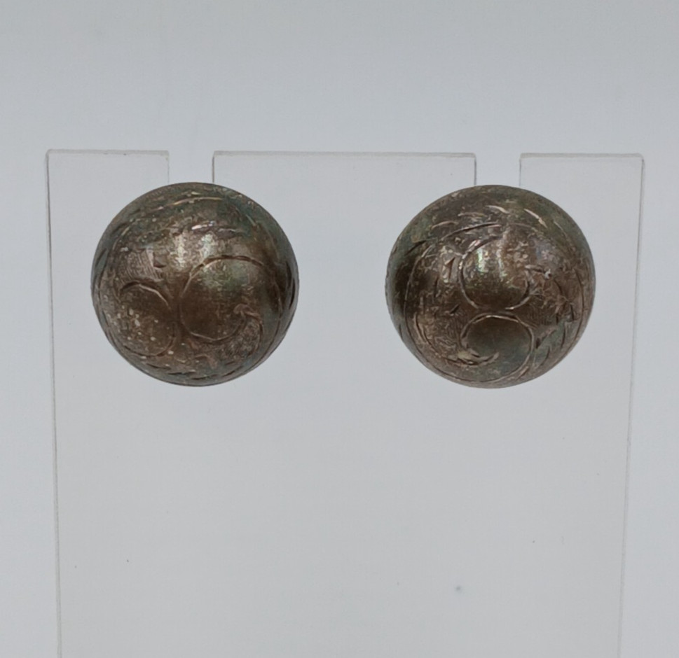 VTG 925 Dome Stud Earrings 0.5in Sterling Silver 3.85g Etched Swirl Estate READ