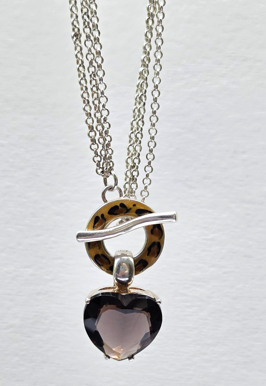David Sigal 925 Sterling Silver Smoky Quartz Heart Leopard Ename Toggle Necklace