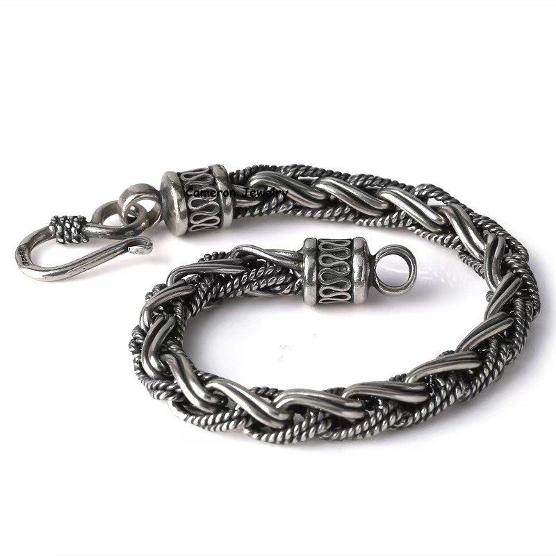 Pure S925 Sterling Silver Chain 6mm Braided Wheat Bracelet 34-35g 7.6inch
