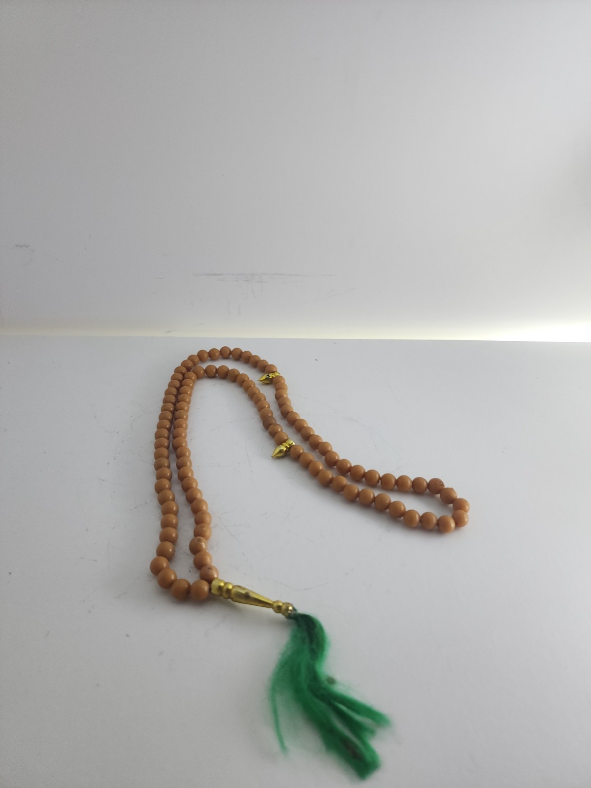Brown Beige Beads Necklace Meditation Souvenir Green Tassel Gold Tone Charm