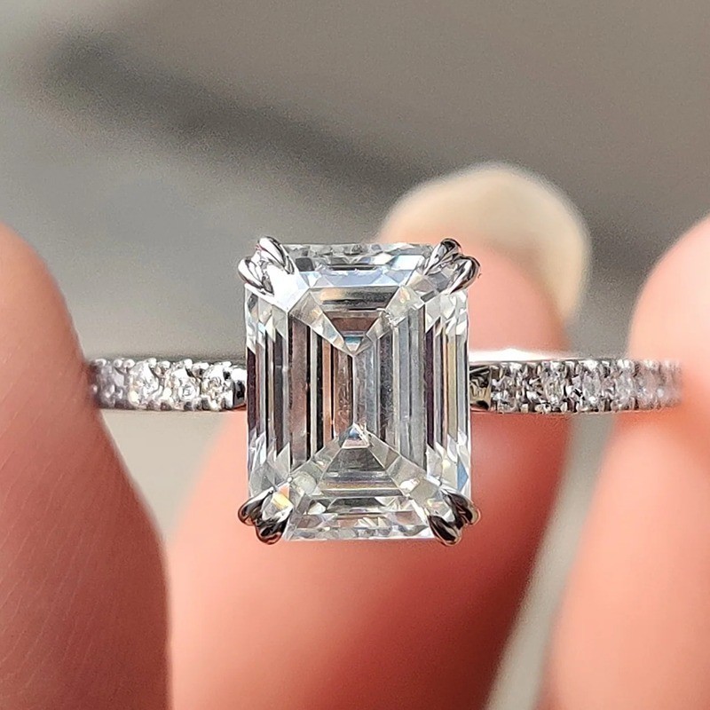 2.30CTW Emerald Cut Moissanite Hidden Halo Engagement Ring 14K White Gold Plated