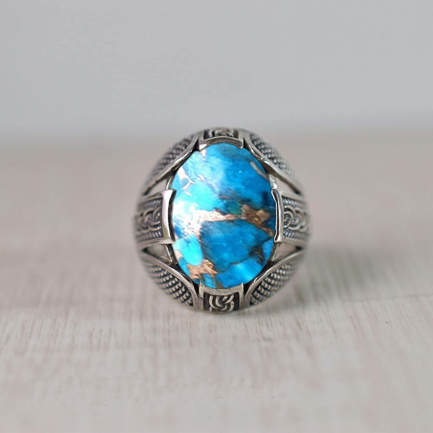 Solid 925 Sterling Silver AA Natural Copper Turquoise Gemstone Men’s Unisex Ring