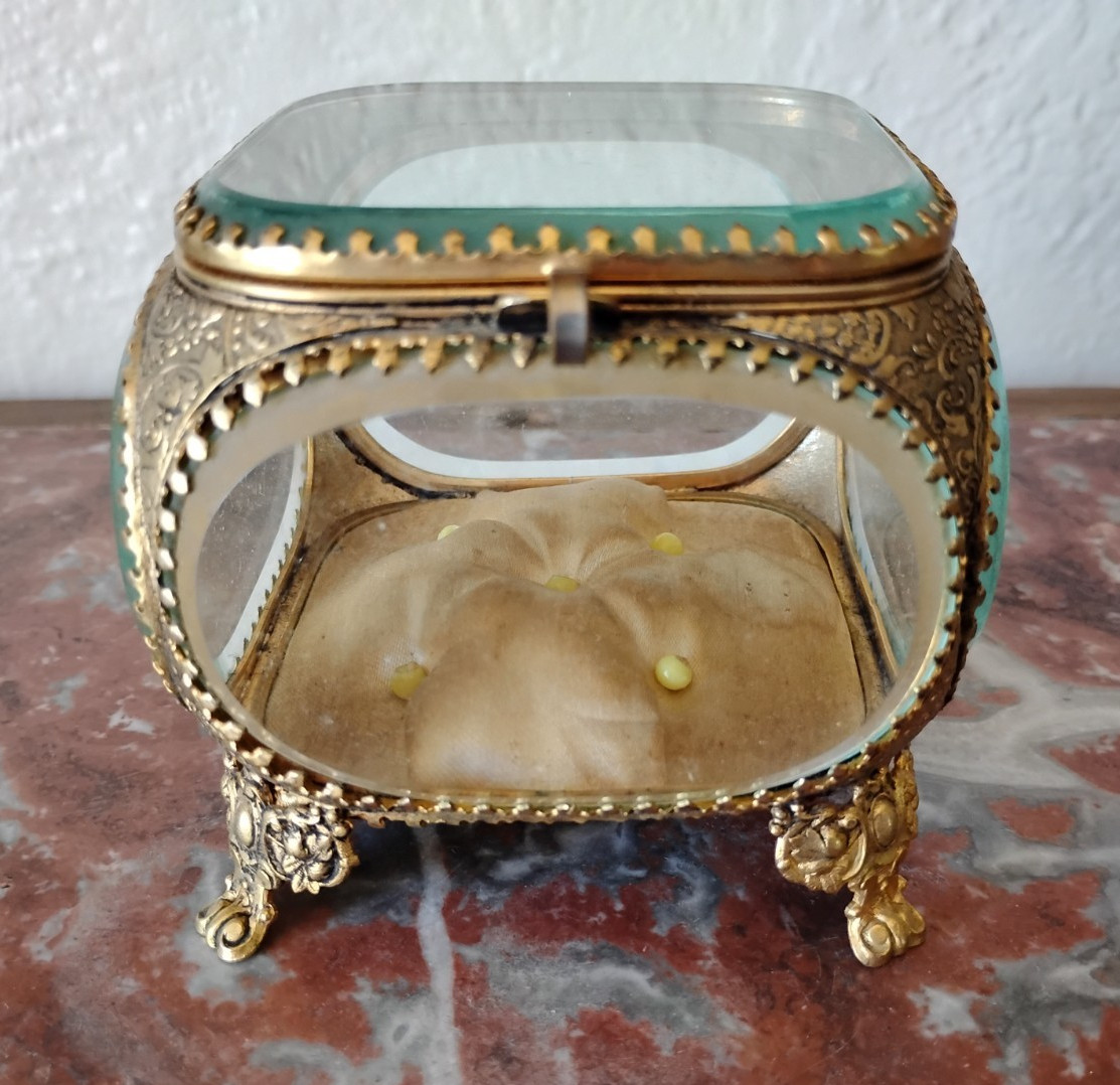 Antique French Beveled Glass and Ormolu Casket Jewelry Box Gold Floral
