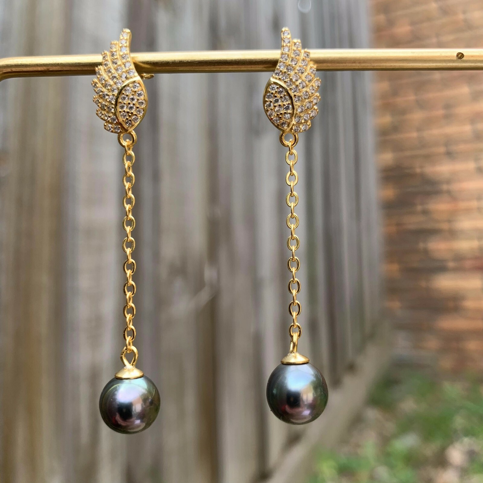 8.5~9mm Peacock Black Tahitian Pearl S925 Silver Angel Wing stud Earring Dangle