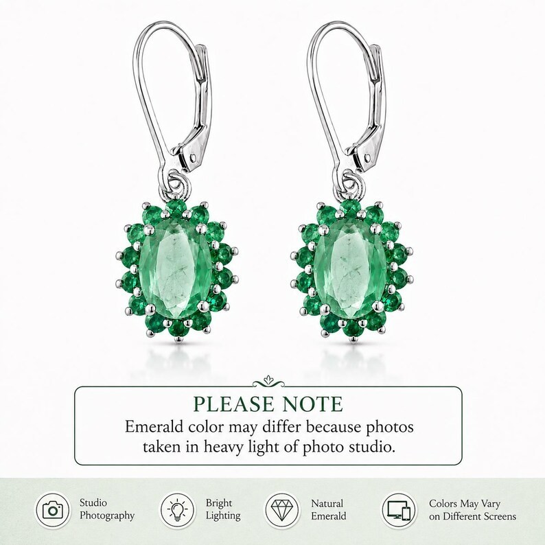 Natural Emerald Halo Leverback Earrings 925 Sterling Silver May Birthstone Gift