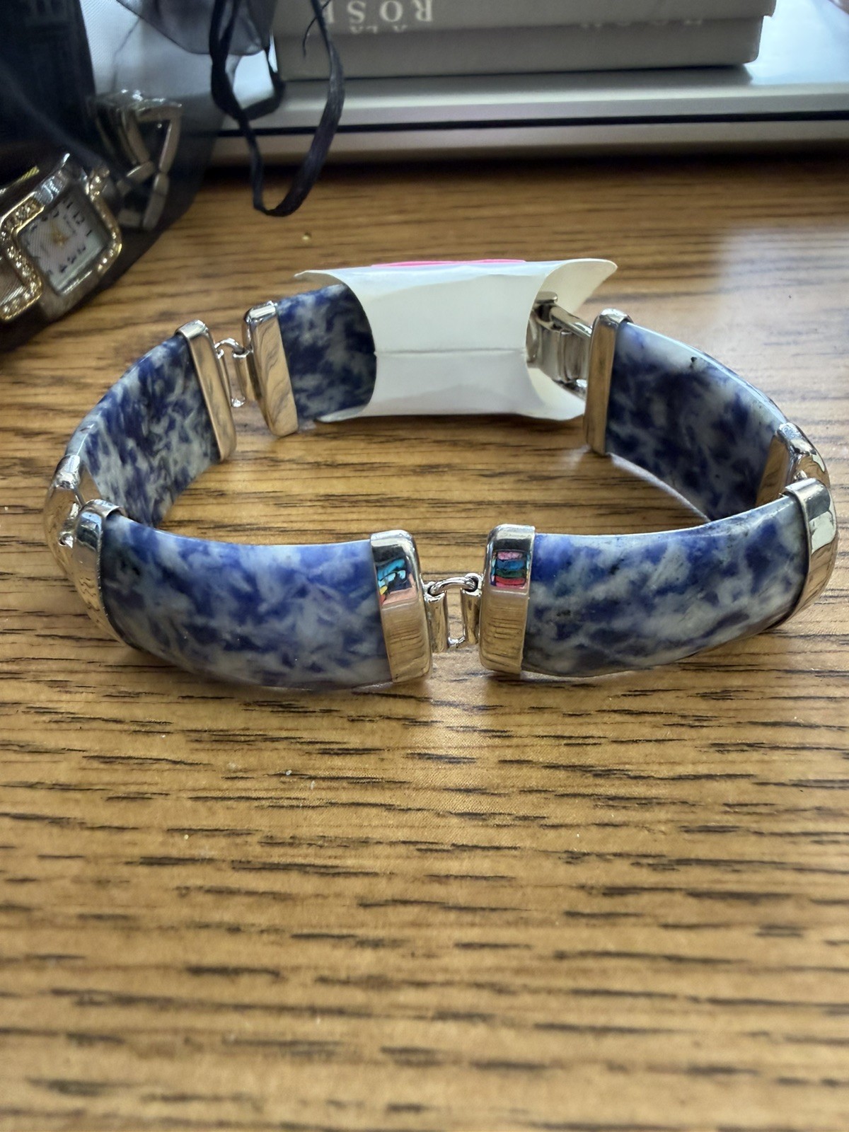 Vtg 925 Sterling Silver Faceted Sodalite Link Panel Bracelet – LOVELY!