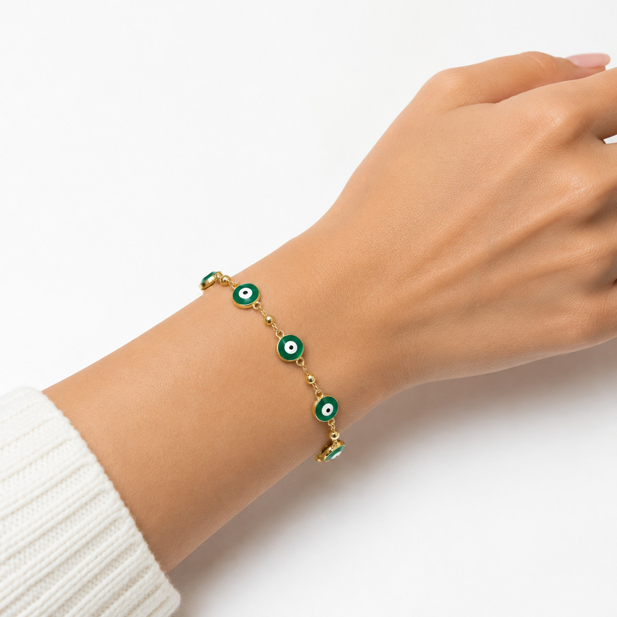 Real 1/200 14K Yellow Gold Overlay Green Evil Eye Rosary Religious Bracelet