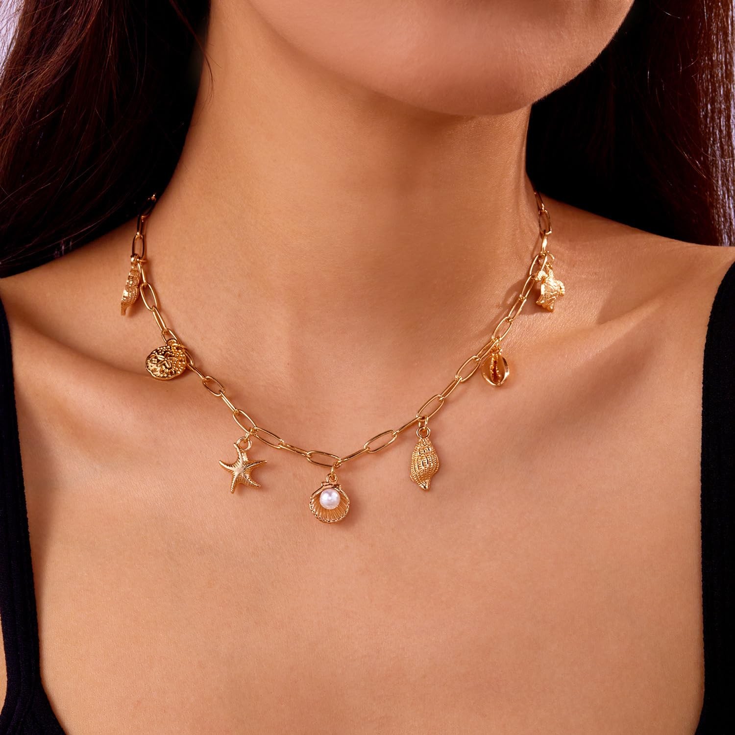 Beach Charm Necklace for Women Trendy Starfish Seashell Charm Gold Chain Neck…