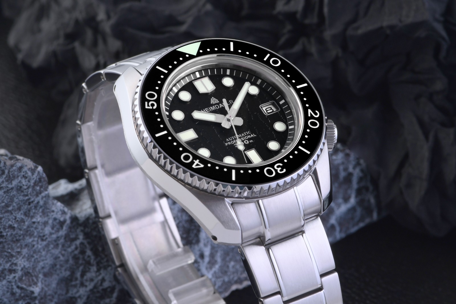 Heimdallr Black Textured MM300 NH35 300M Automatic Diver Watch Monobloc C3 44mm
