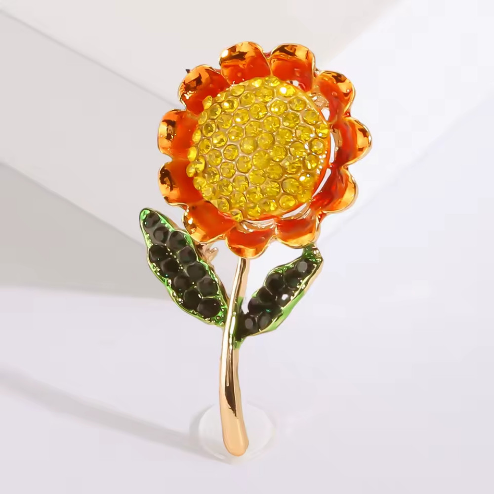 Retro Sunflower Brooch Rhinestone Enamel Crystal Daisy Pin Summer Gift Jewelry