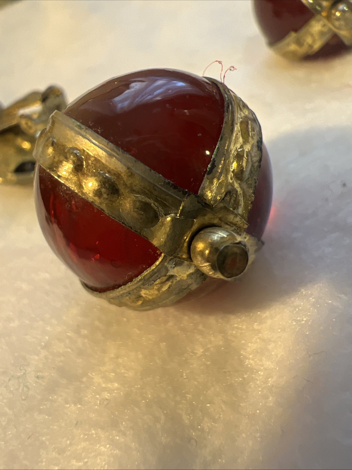 Vtg Egyptian Rev. Gripoix Poured Glass Brass Gold Red Green Runway Clip Earrings