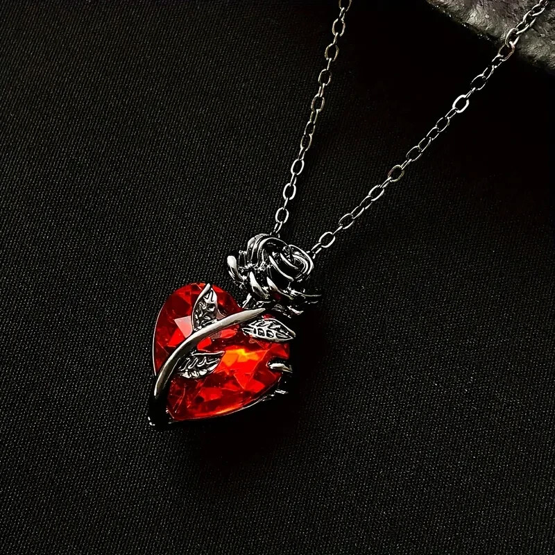 Rose Flower Pendent Necklace Gift Fashion Red Heart Shape Gemstone Jewelry Gift