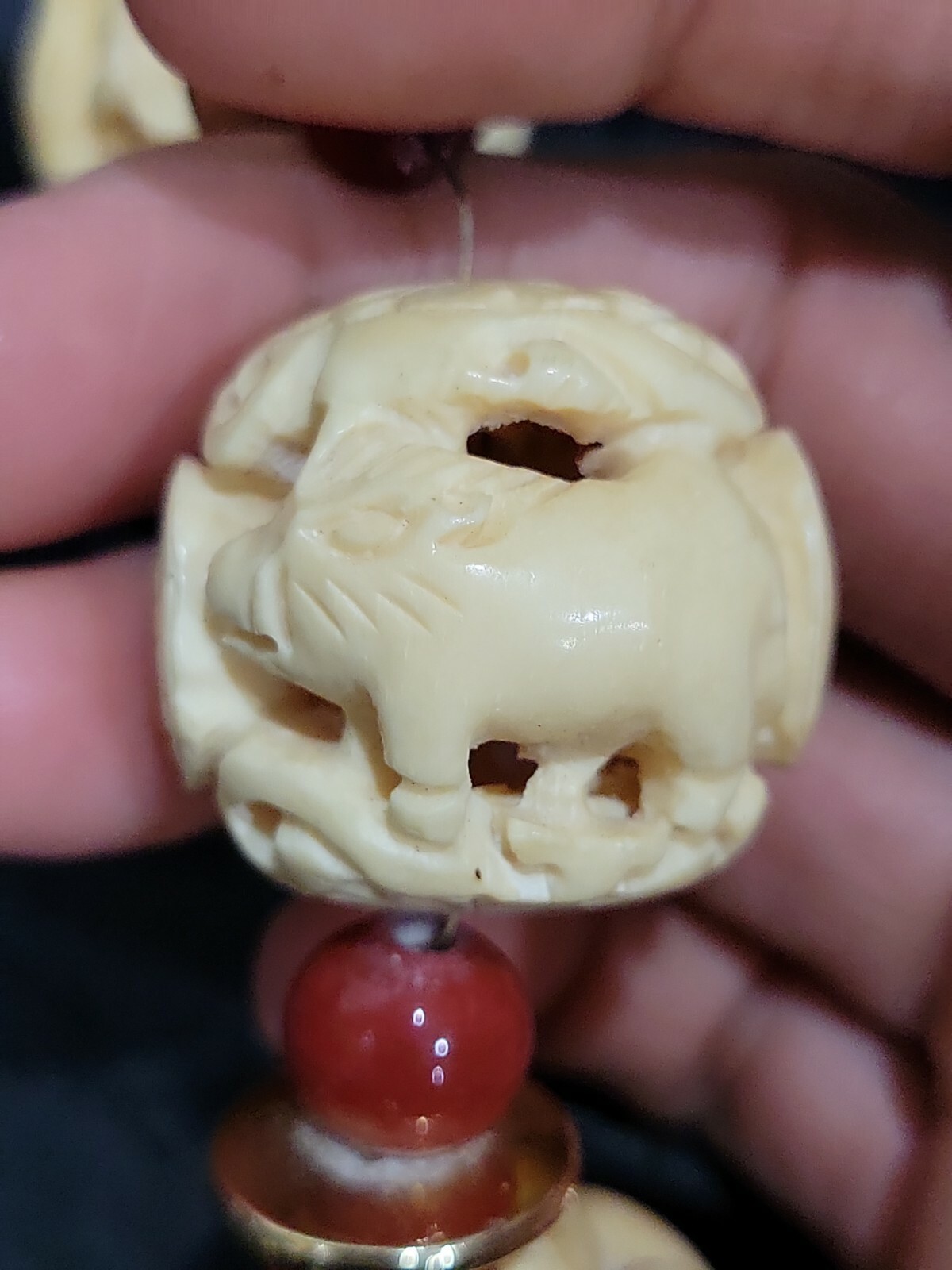 ANTIQUE CHINISE ZODIAC CARVED WATER BUFFALO BONE BEADS & RED STONE NECKLACE