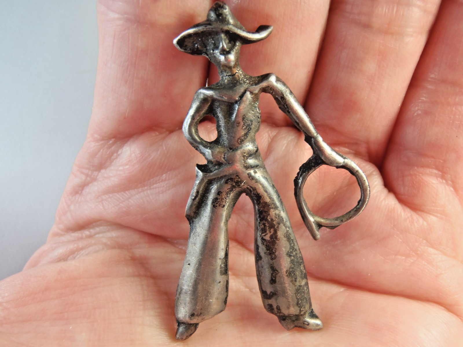 Sterling Silver Cowboy Holding a Lasso Wearing Chaps And Cowboy Hat Pin Brooch