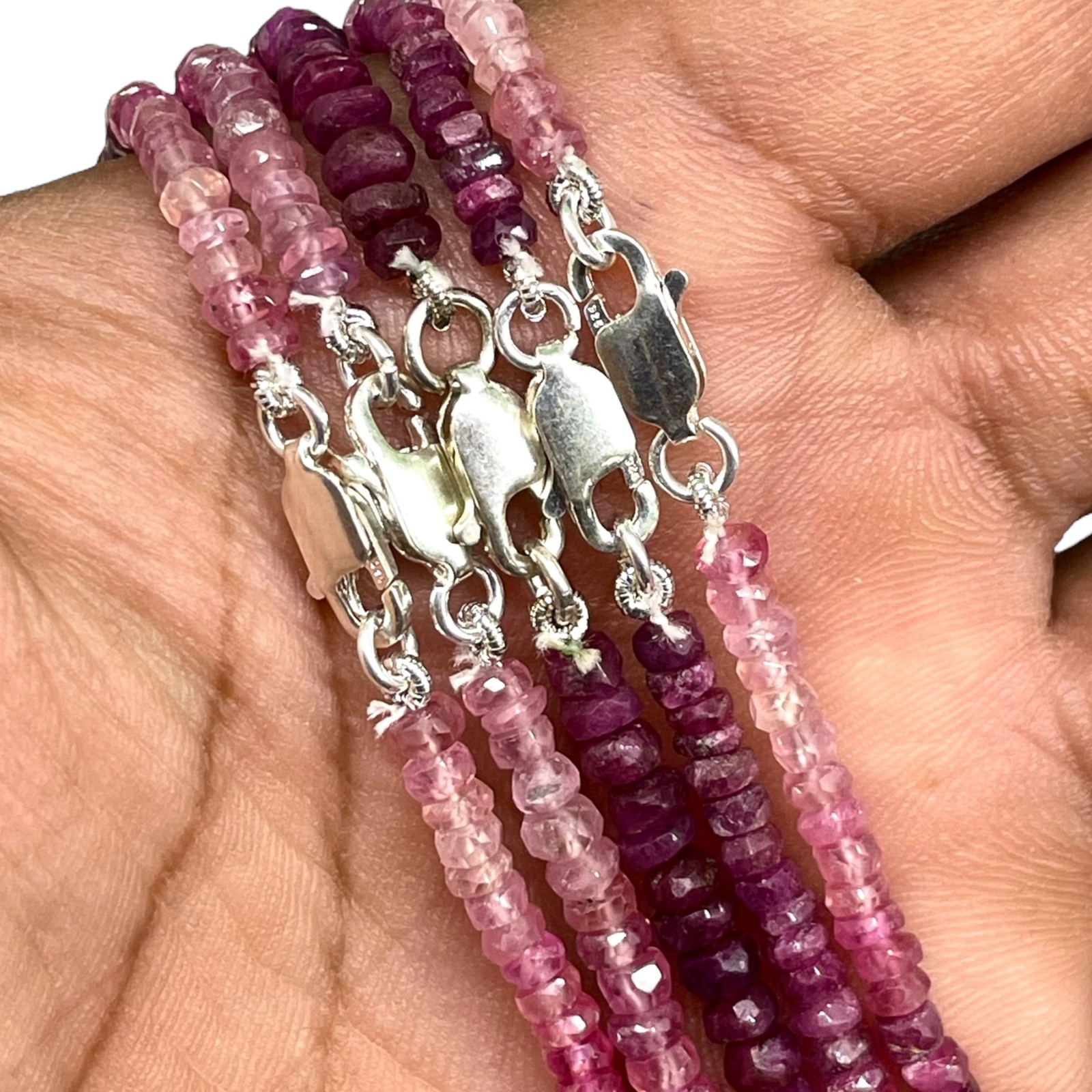 18 Inch Natural Ruby Necklace 3-4mm Shaded Faceted Cut Beads 925 Silver Clasp