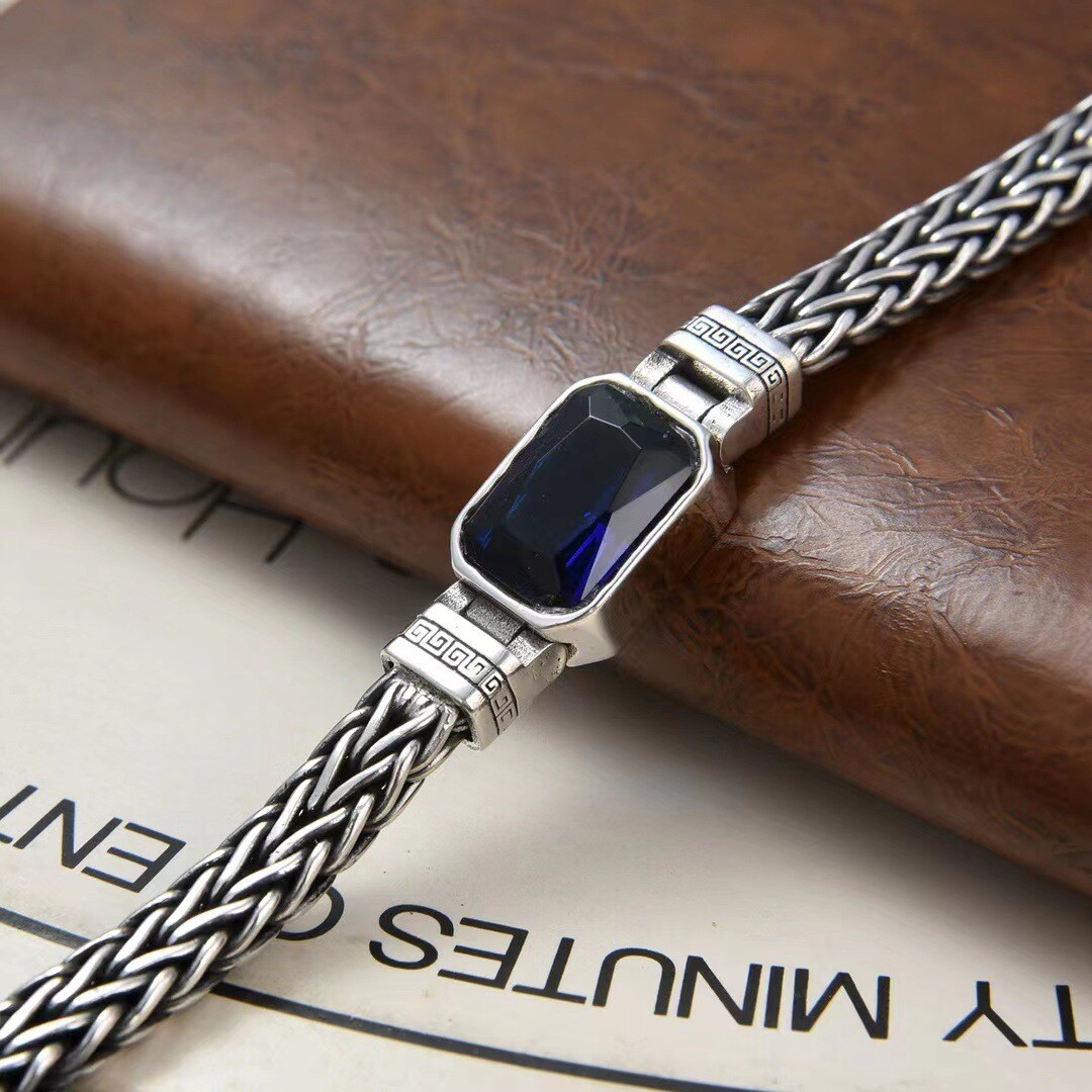 Real 925 Sterling Silver Bracelet Men Blue Zircon Square Wheat Link 7-8.6inch