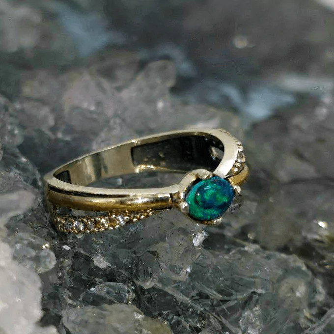 Natural Lightning Ridge Black Opal 0.40ct 925 Silver & 9K Gold with CZ Ring US 8