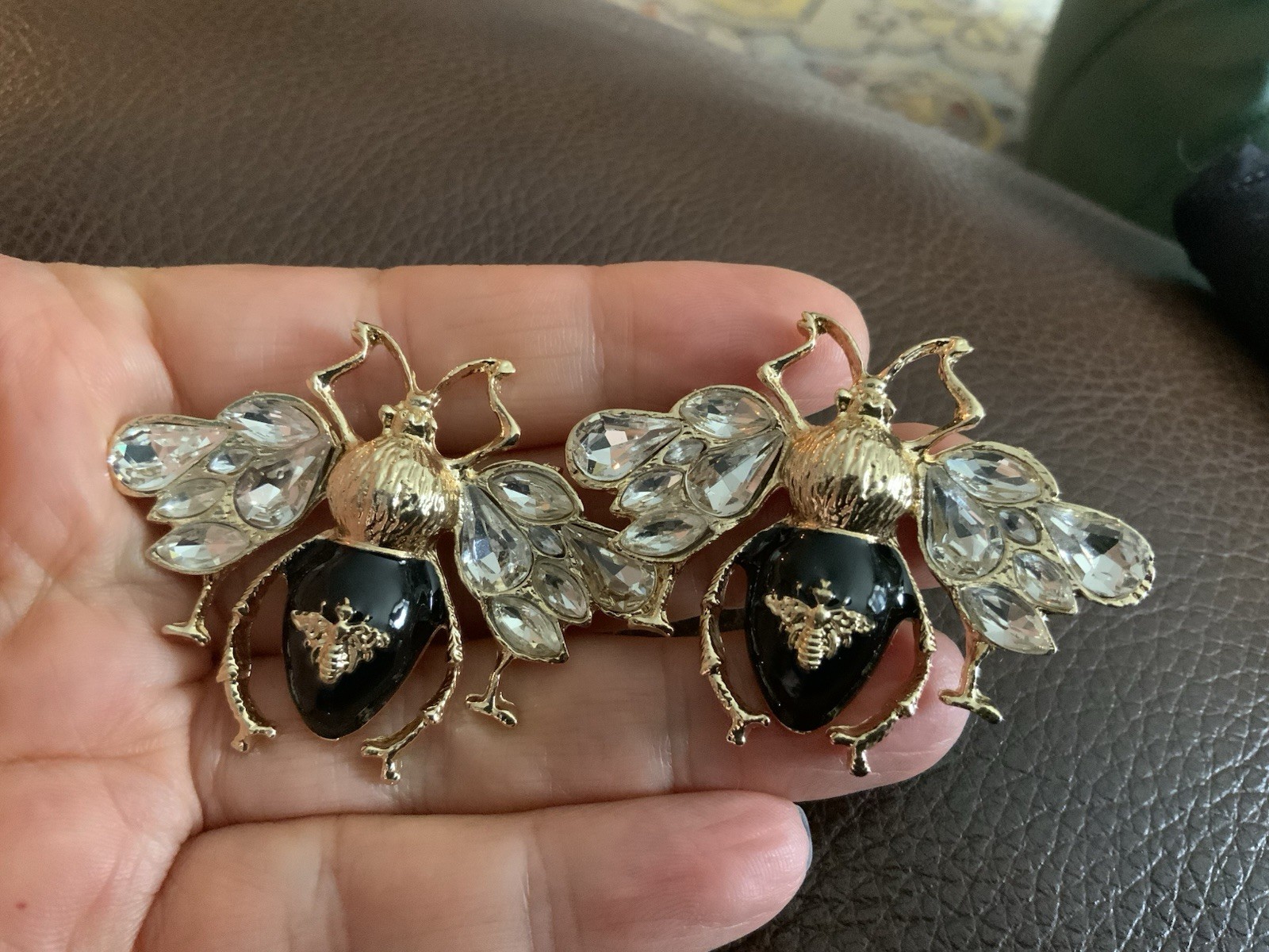 Queen Bee Art Deco Gold Earrings Himeybee Insect Cottagecore Crystal Boho Museum