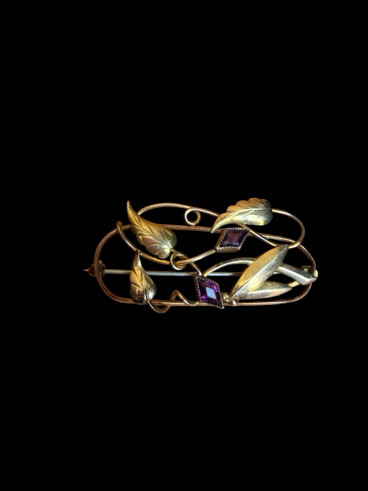 Older Gold Filled Floral Brooch With Purple Stone Accents