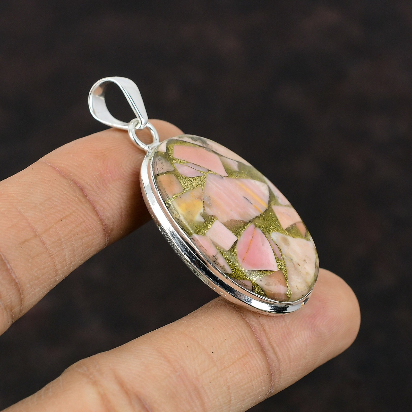 Valentines Deal Oval Copper Pink Opal Stone Wife New Pendant 925 Sterling Silver