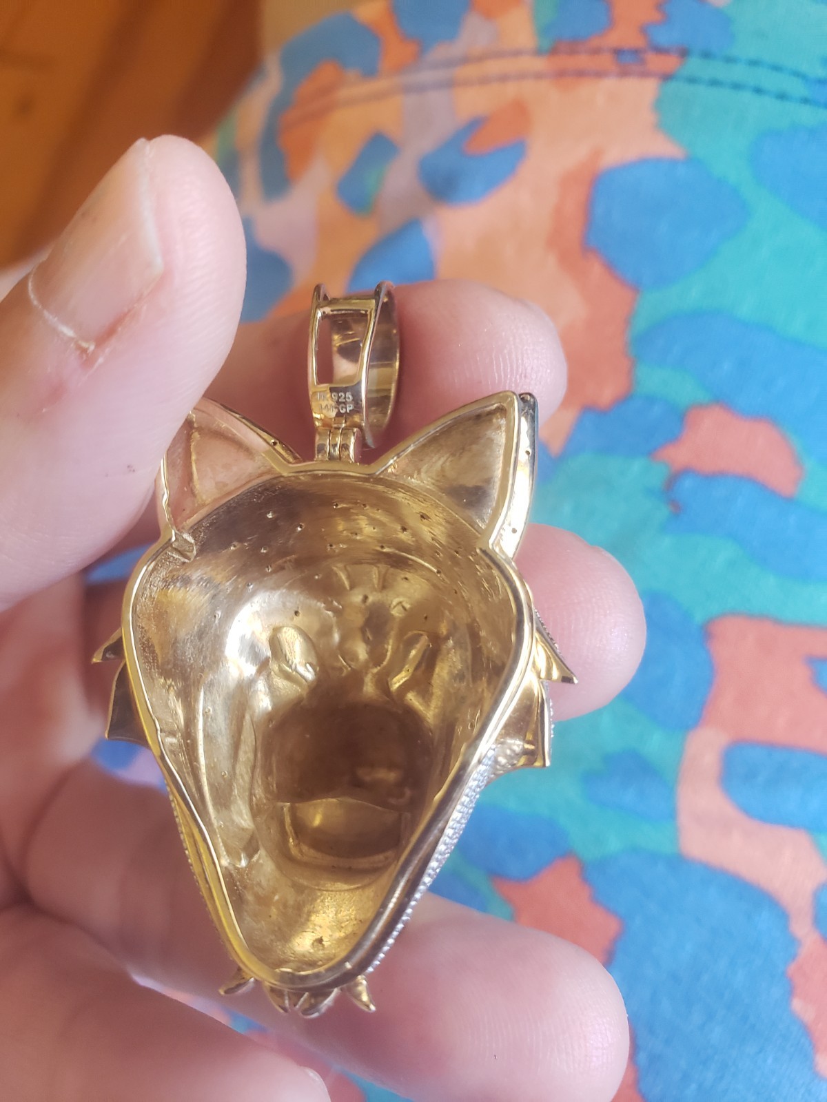 Huge Sterling Silver Wolf Husky Pendant 925 Enamel Gold Plated Dog Jewelry