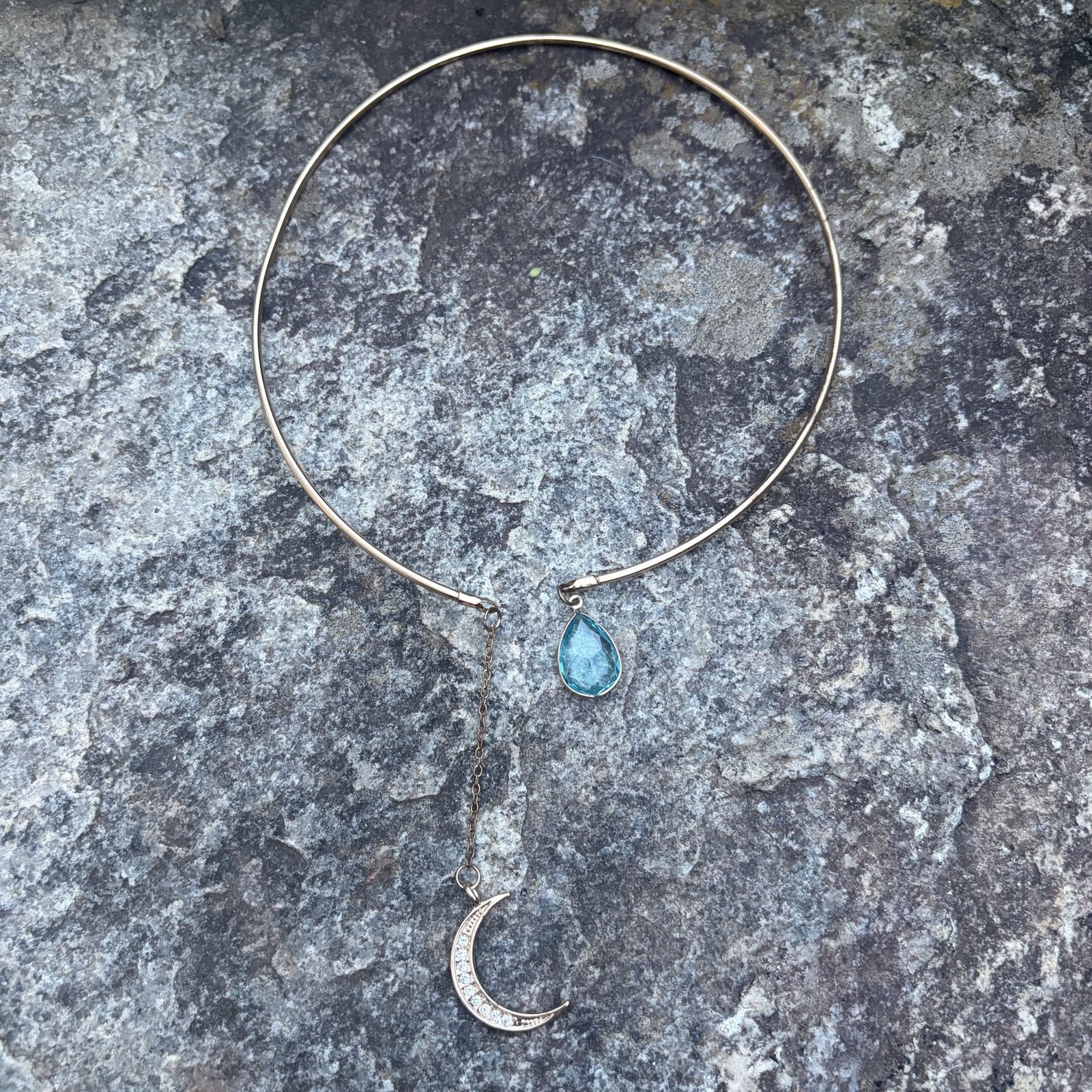 Gold Tone Crescent Moon Teardrop Aquamarine Rhinestone Open Collar Choker