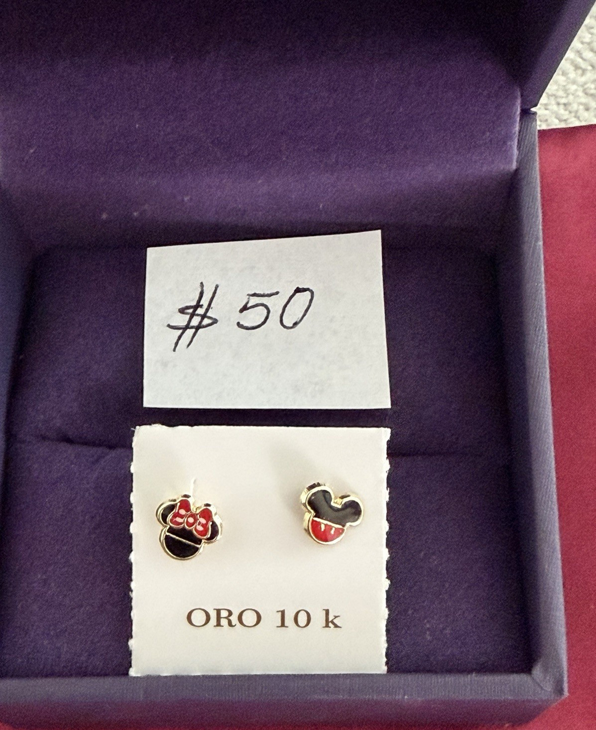 Disney 10k Yellow Gold Mickey Mouse Stud Earrings Enamel Red Black Cartoon