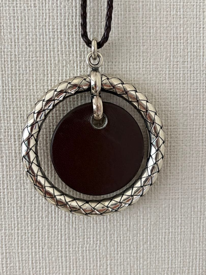 Bottega Veneta Intrecciato Silver Leather Pendant Necklace Brown 46cm