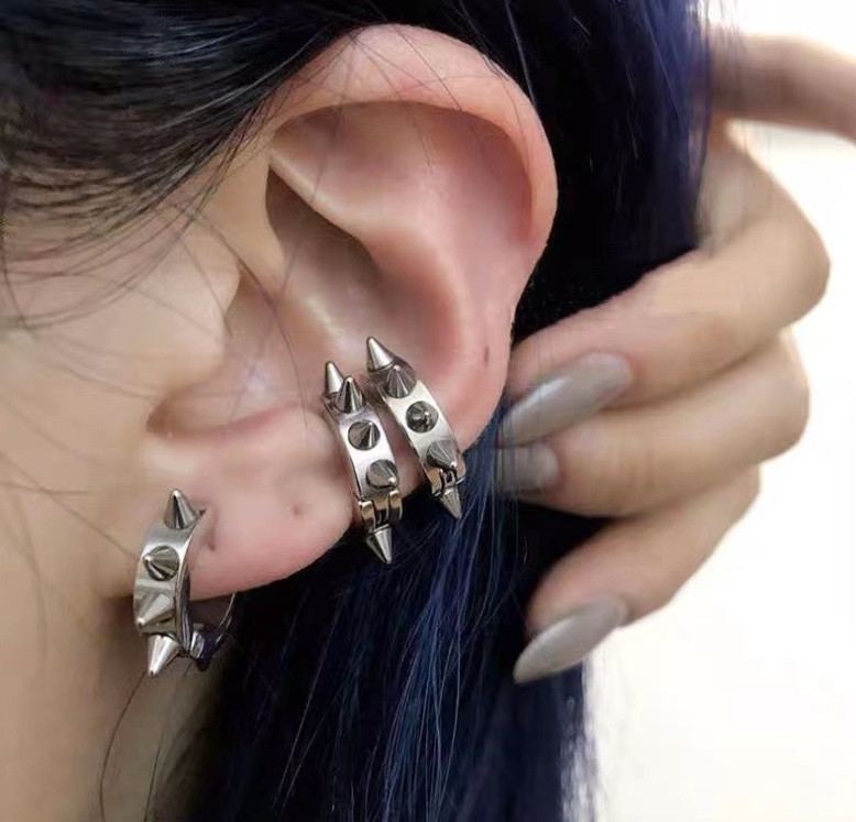 Gothic Rock Stainless Steel Men Women Rivets Spike Cone Huggie Ear Stud Earrings