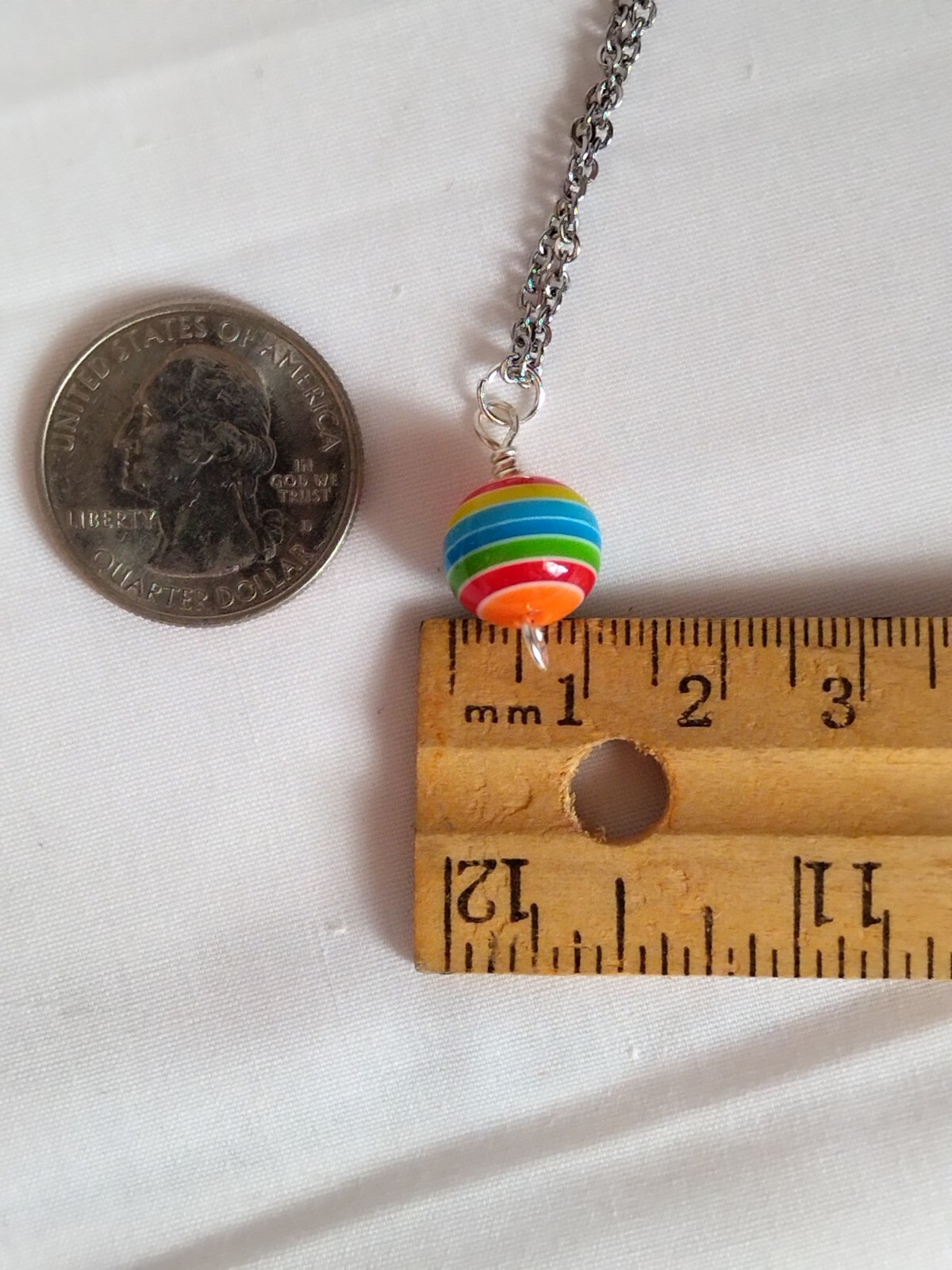 Rainbow Stripe Resin Bead Pendant Necklace Handmade Stainless Steel Chain