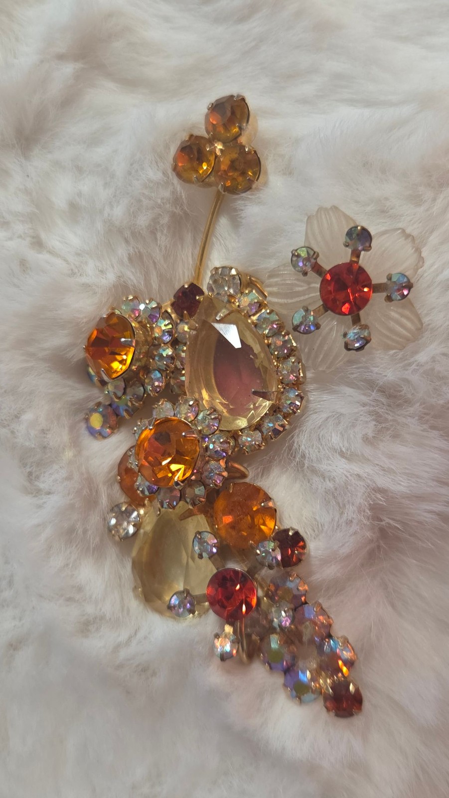 Vintage Rhinestone Brooch Women Gold Floral Cluster Aurora Borealis Orange