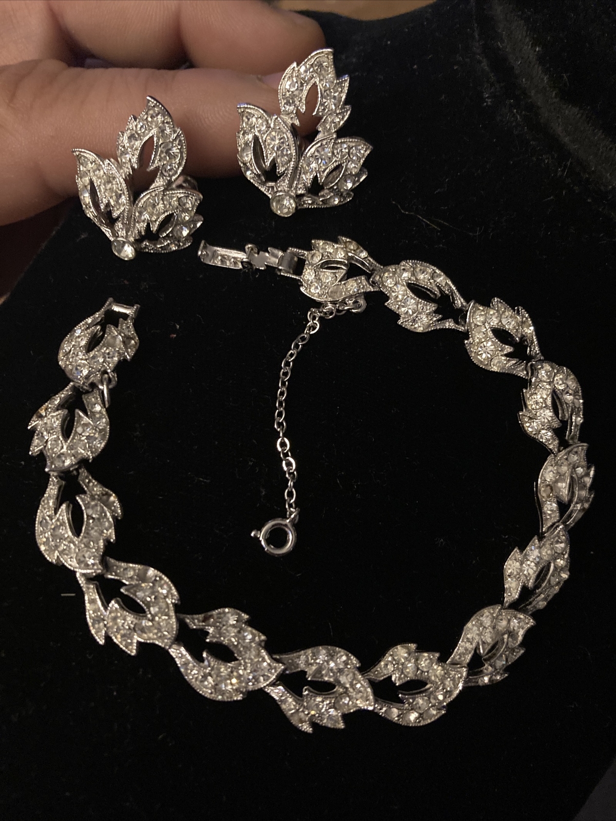 Vintage Ora Rhinestone SilverTone Safety Chain Bracelet 8”+ORA Earrings Set