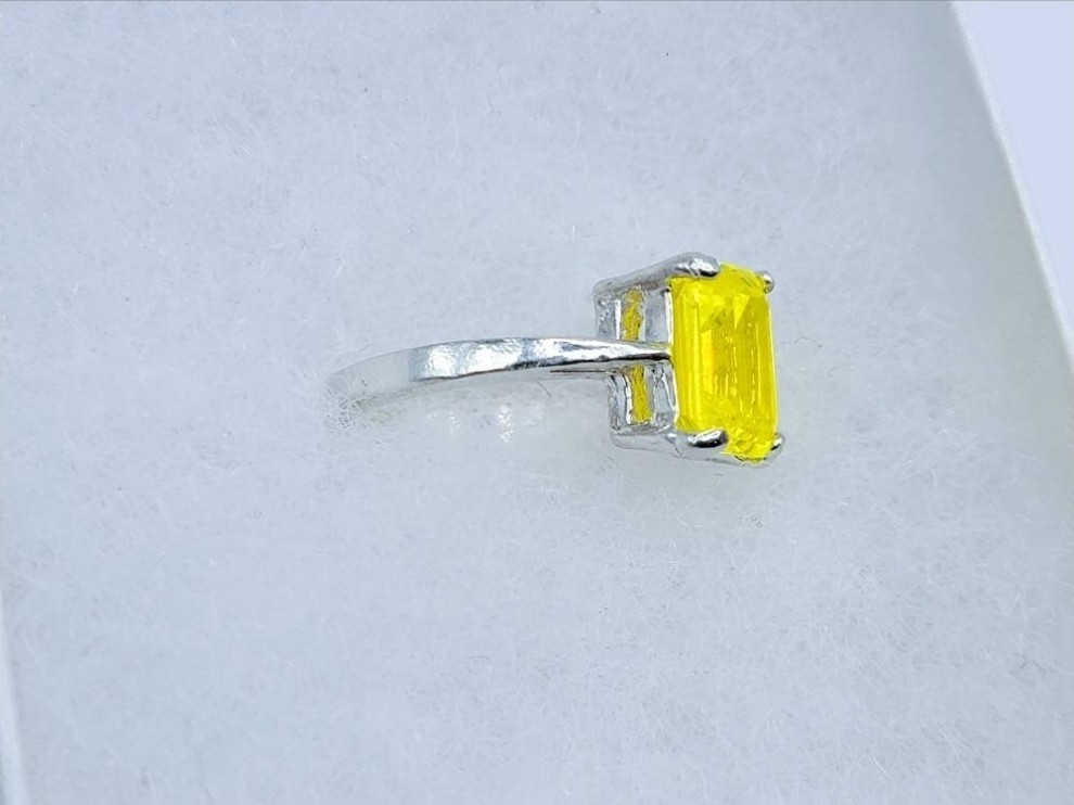 Sterling YAG Ring UV Yellow Yttrium Aluminum Garnet Emerald Cut Solitaire 925