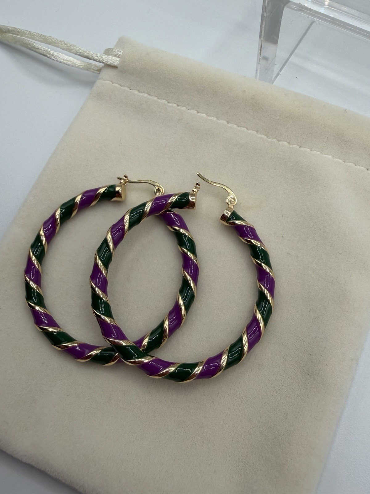 Green & Gold Twisted Hoop Earrings 1.5” Enamel Fashion Hoop Earrings E262