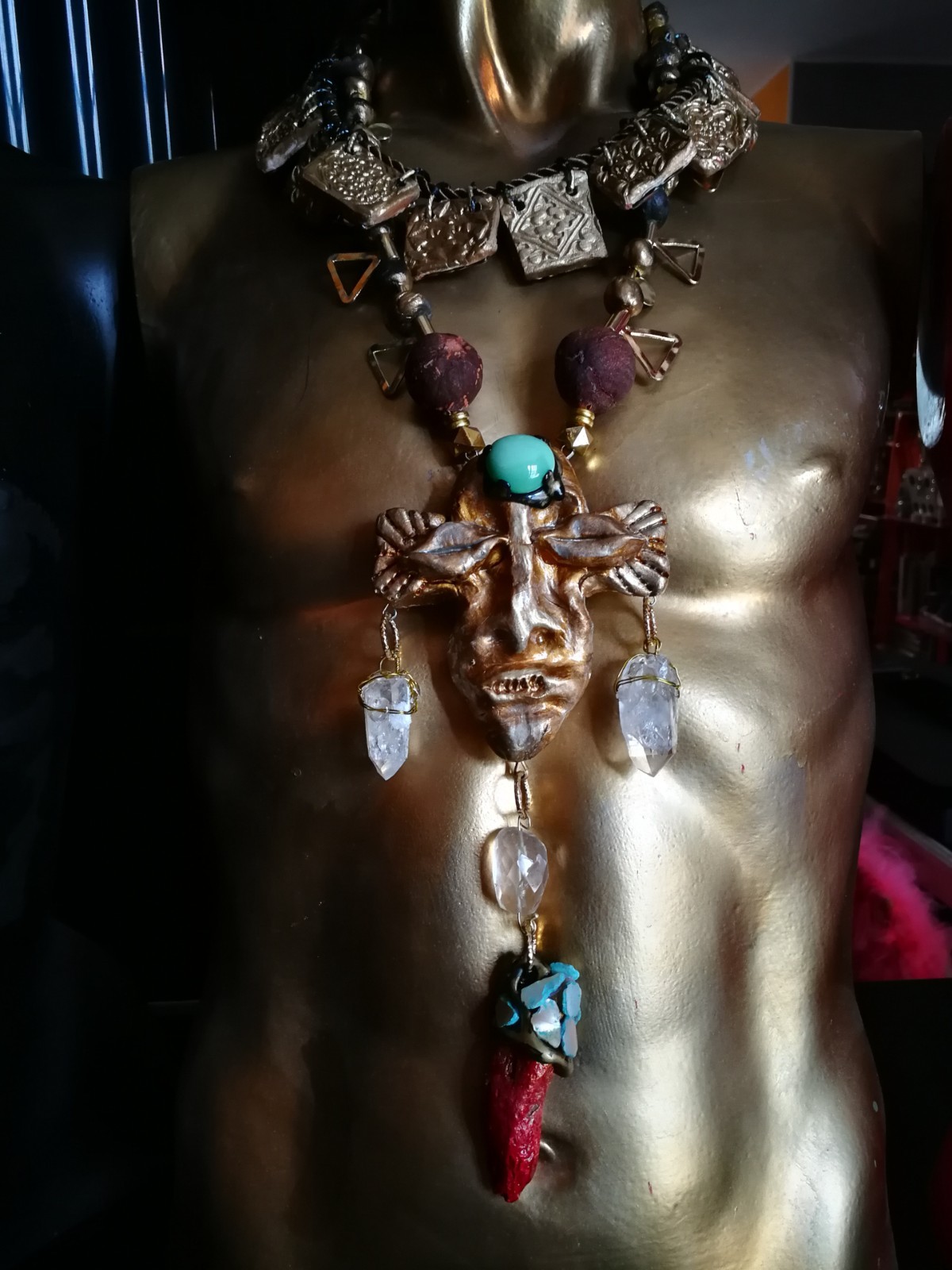 Statement Luxury Necklace Jewelry Pendant Tribal Mask Sculpture Horn & Gemstone