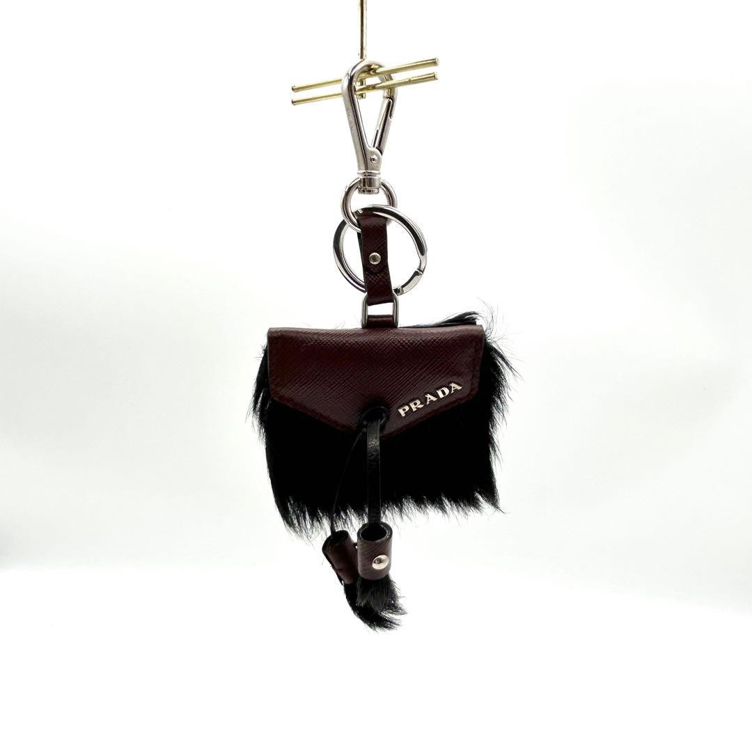 PRADA Leather Fur Tassel Keychain Charm Black Logo Gift Used
