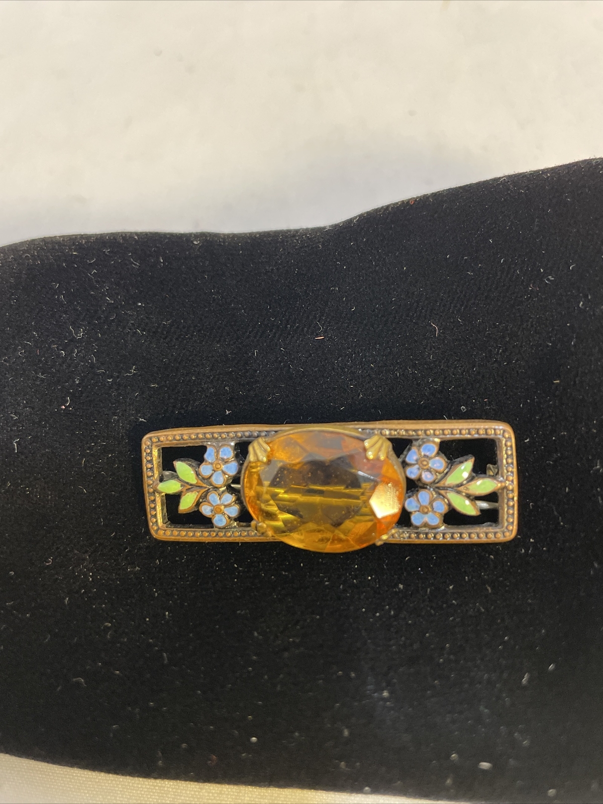 Vintage Brooch Enamel & Stone/Glass Yellow Stone Metal-Brass Or Copper Pin Bac