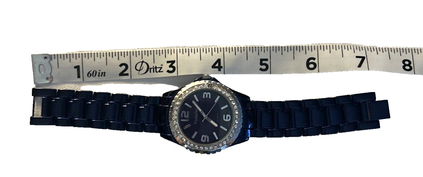 Varsales Women’s 7.5″ Silver Tone Gemmed Watch Black Band New Battery