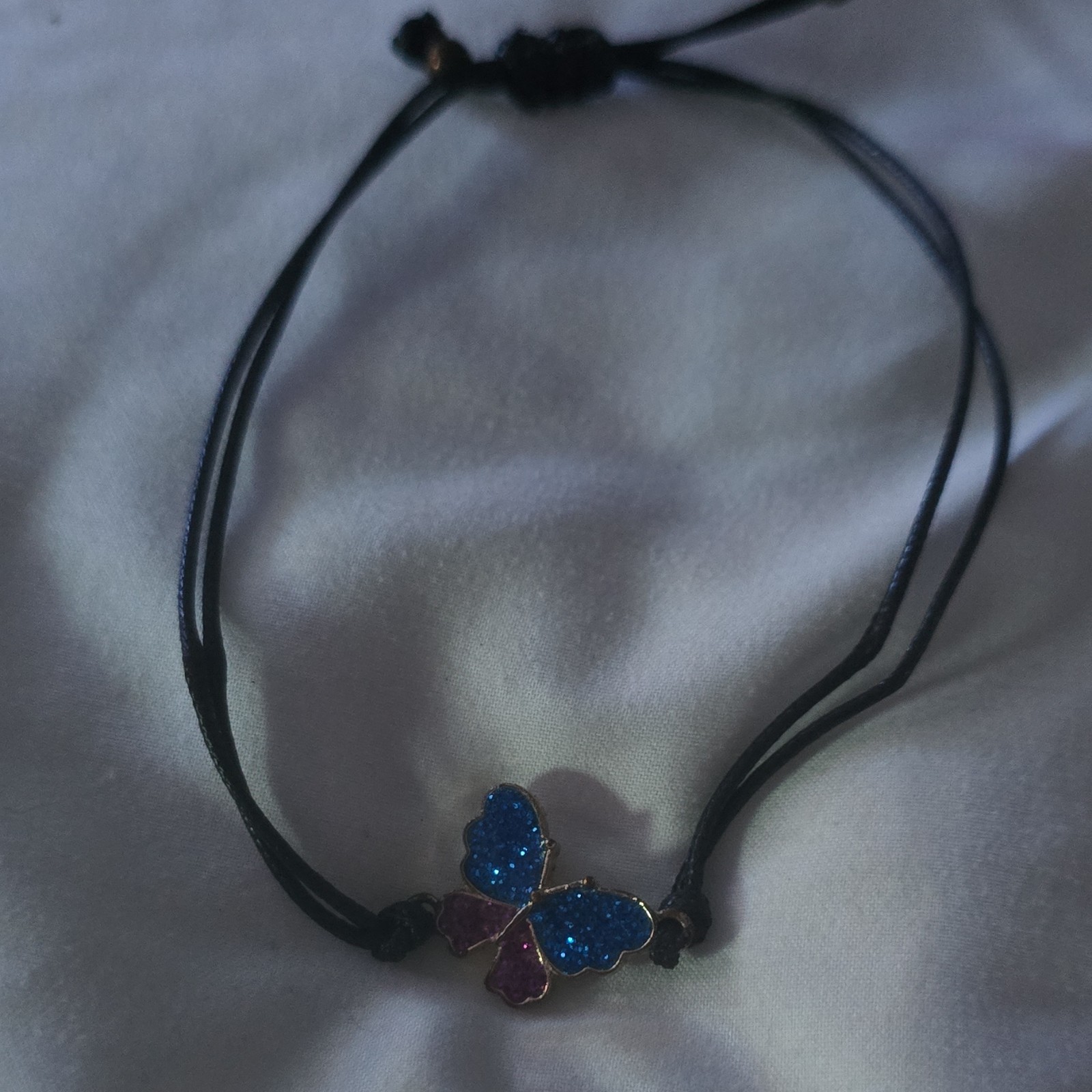 Black Adjustable Cord Bracelet, Slip Knot, Butterfly Dangle Charm, Blue Crystal