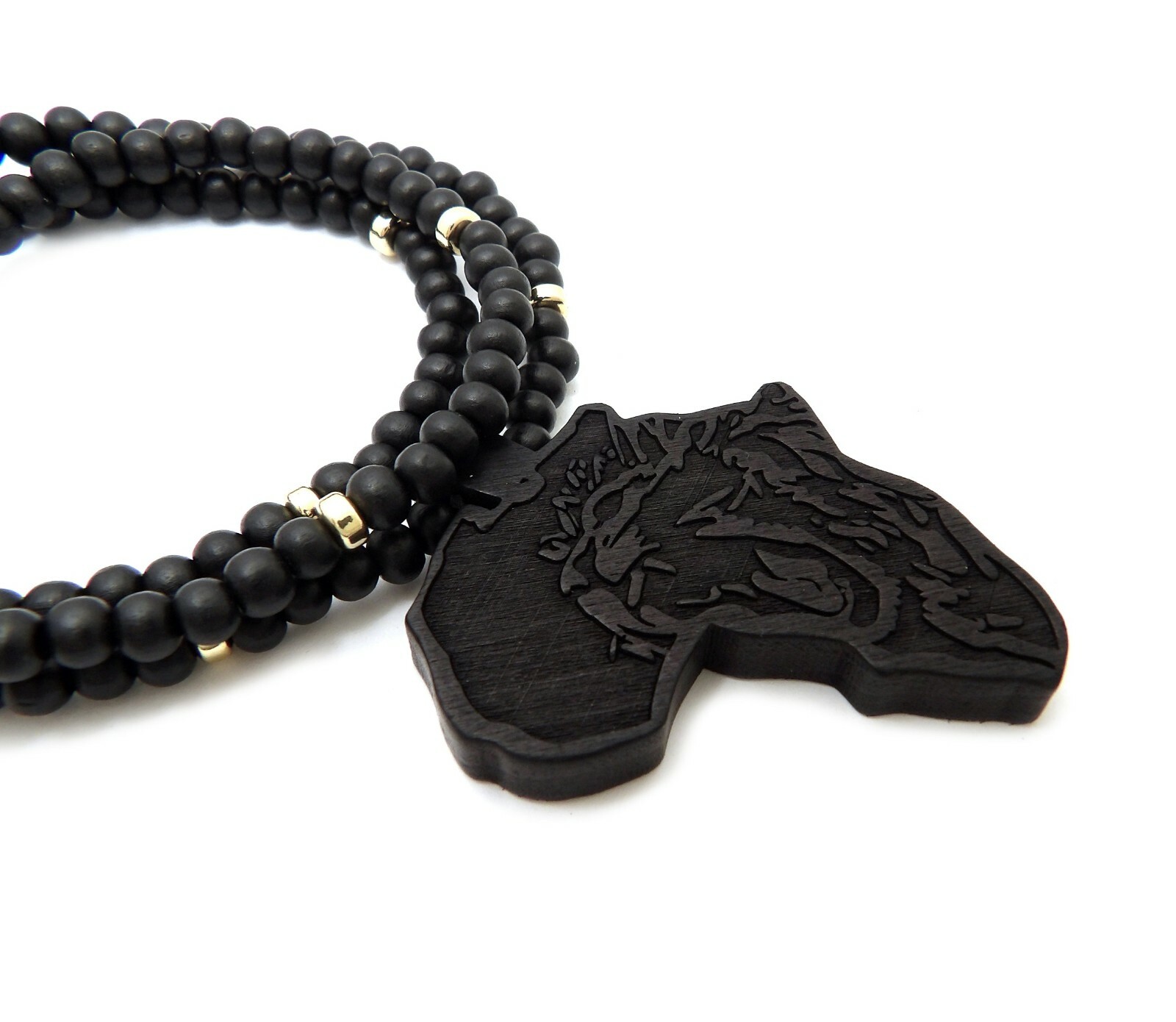 Black Lion Head Africa Pendant & 6mm 26″ Wooden Beads Chain Fashion Necklace