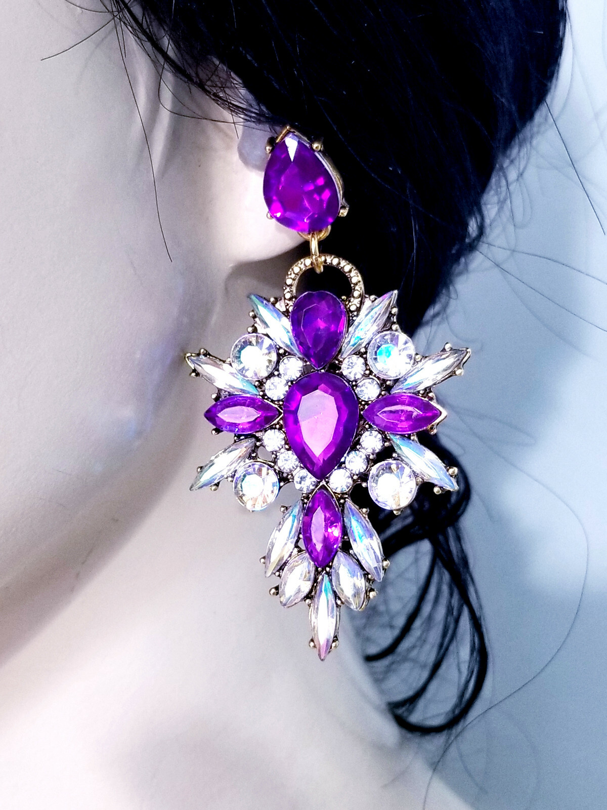 Chandelier Earrings Purple Rhinestone Crystal 2.8 in