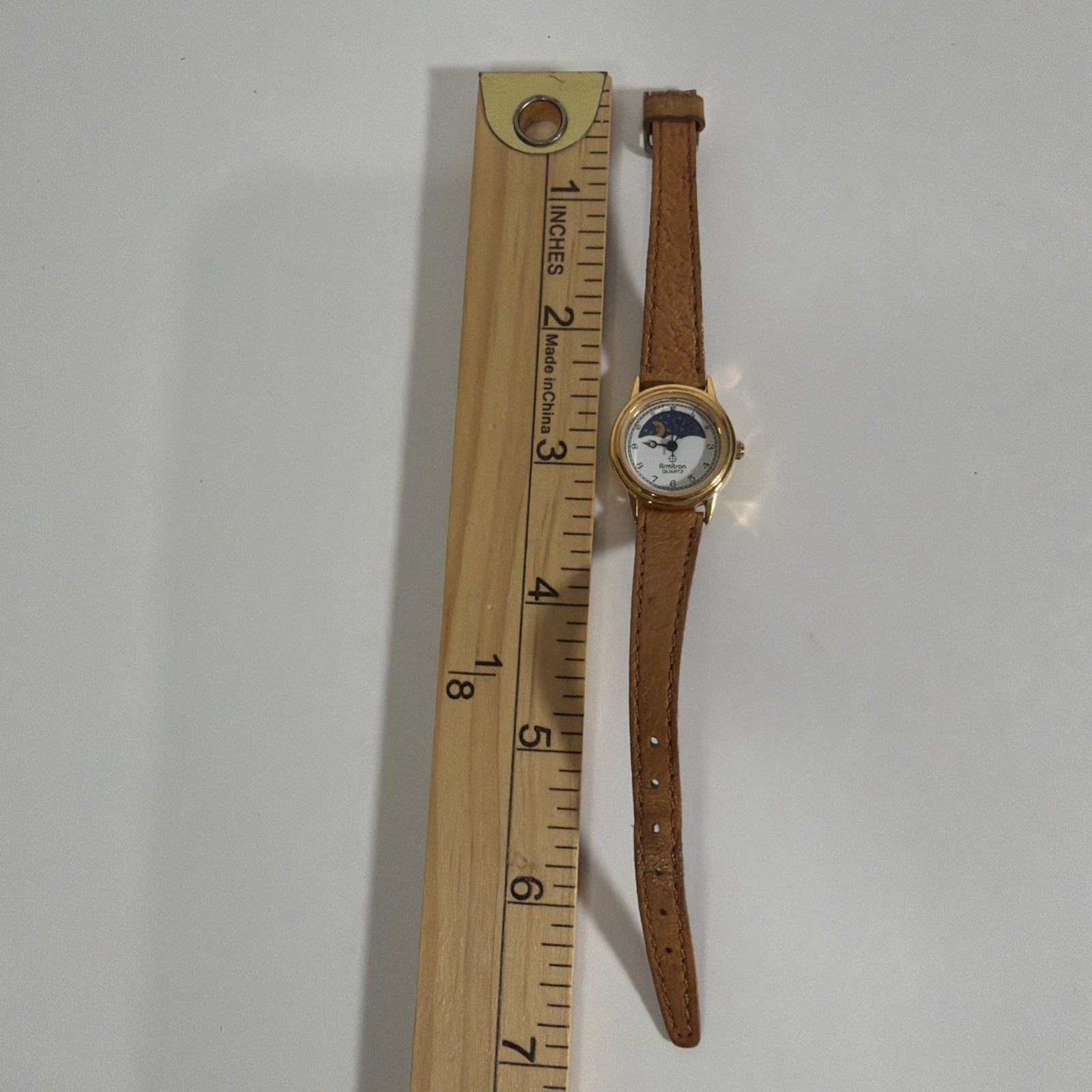 VTG Armitron Quartz Watch Women Moon Phase Gold Tone Leather Analog