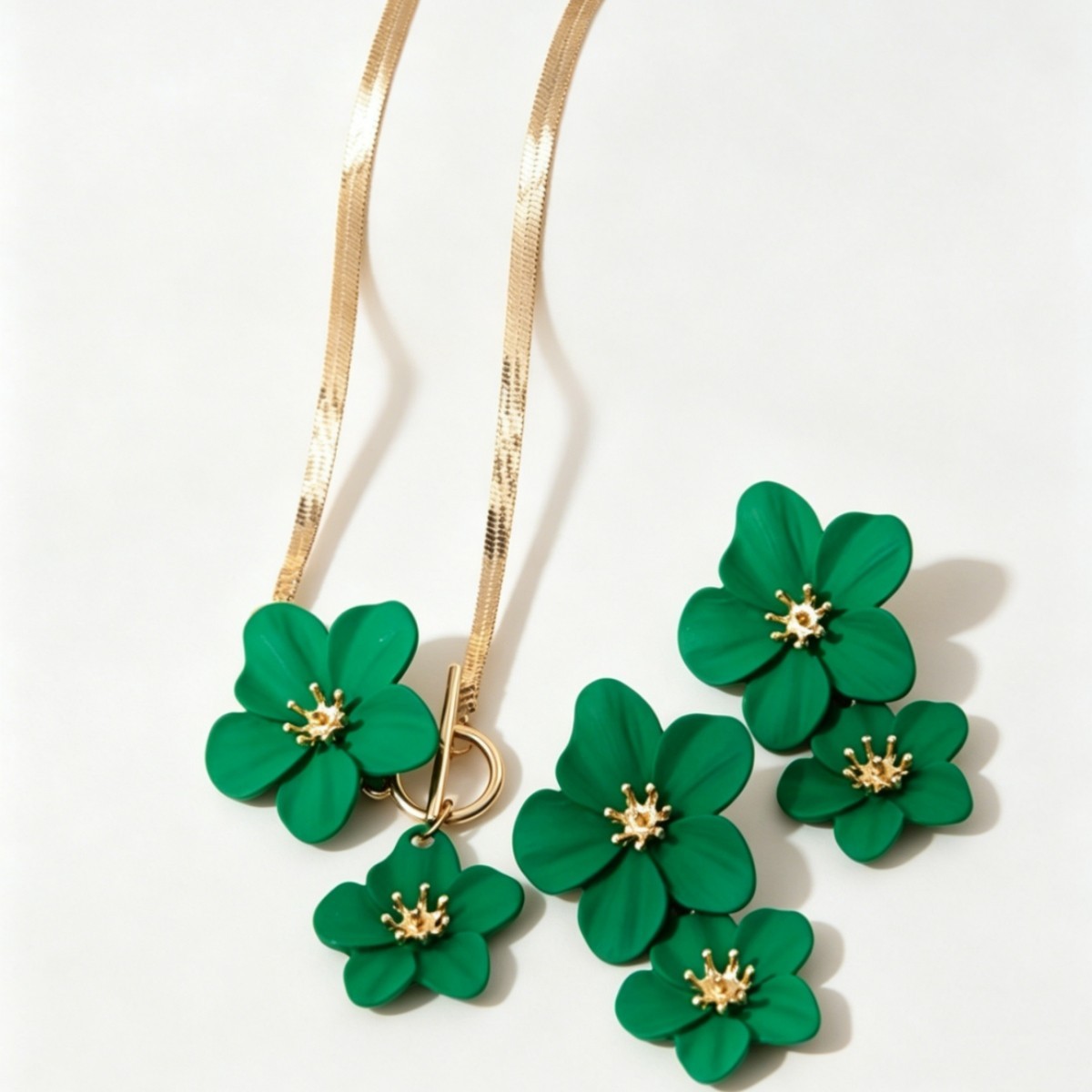 Green Double Flower Gold Plated Flat Snake Chain Necklace & Earring Jewelry Set