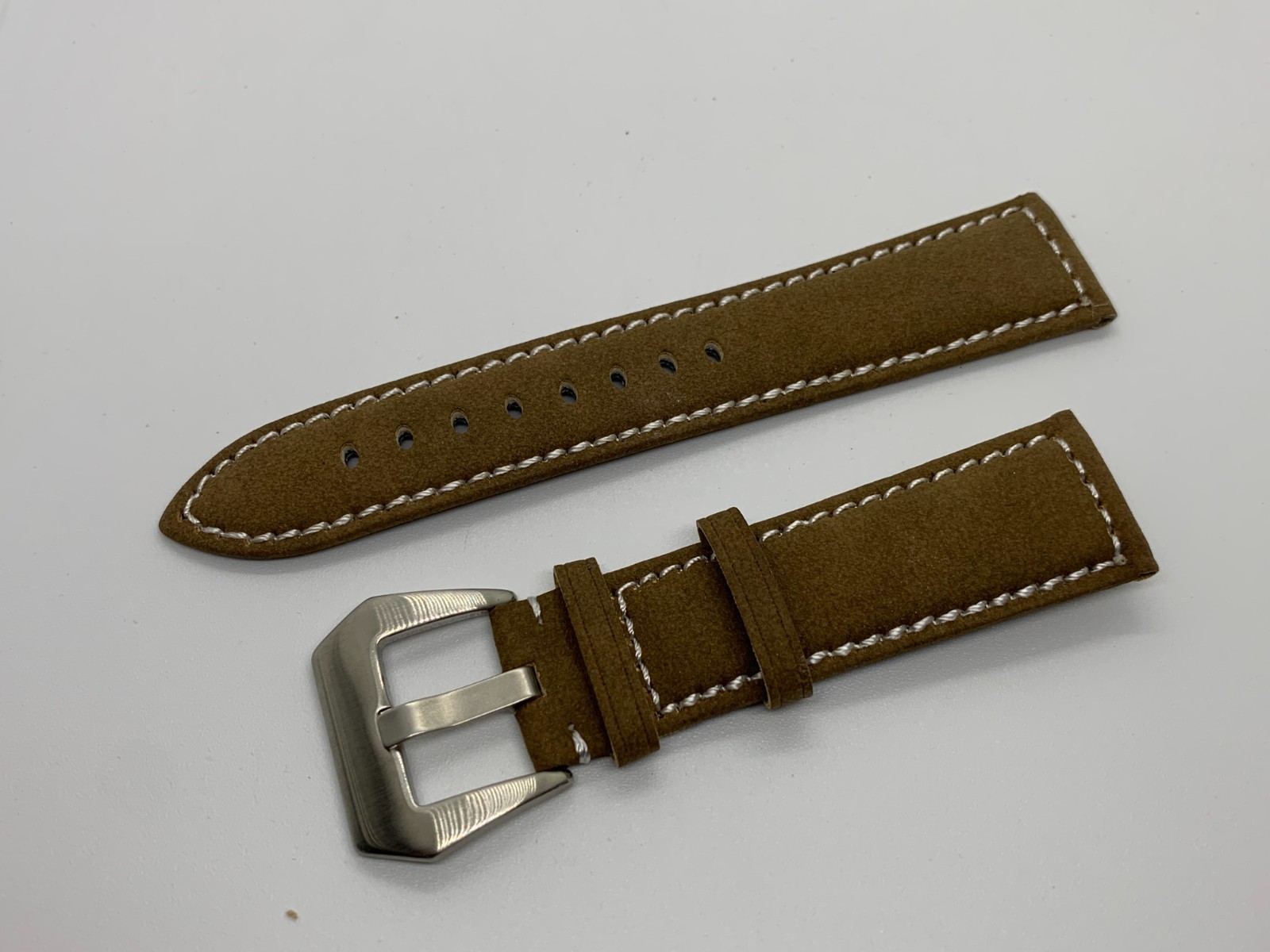 22 mm Tan Suede White Stitched Brushed Silver Pre-V Buckle Watch Band